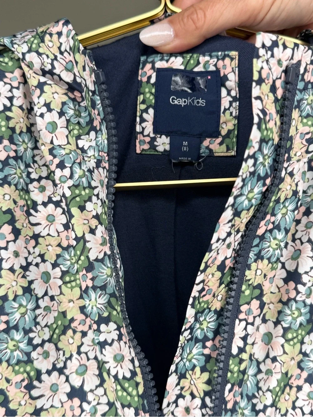 GAP Girls Floral Hooded Rain Jacket - Navy, Green, White